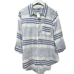 NEW Westport Blue Stripe Top XL Cotton Button Up Roll Sleeve Casual Dressbarn